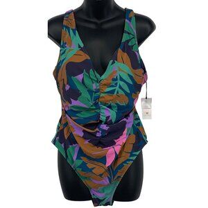Shade & Shore Womens Ruched One-Piece Swimsuit Size 16 Blue Tropical Floral New